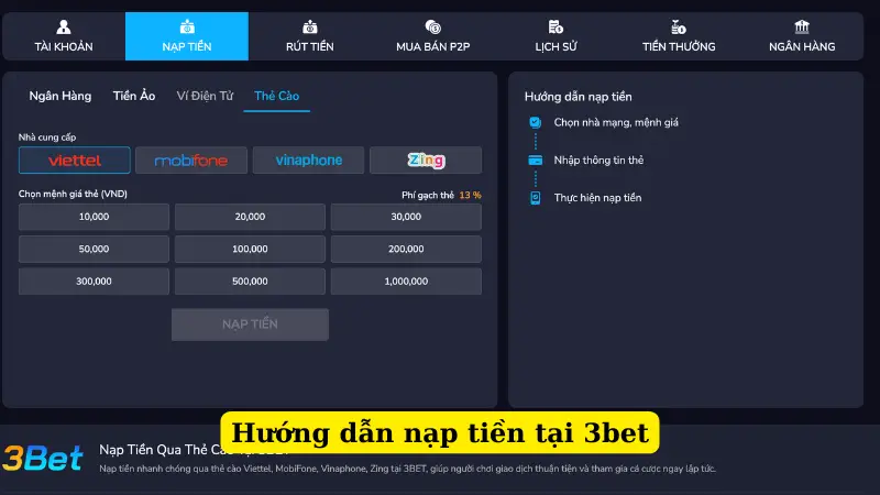 Hướng dẫn nạp tiền tại 3bet