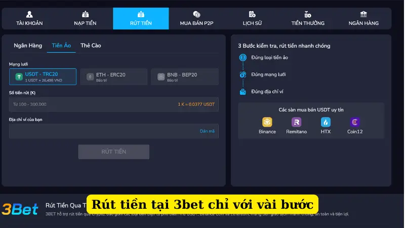 Rút tiền tại 3bet chỉ với vài bước